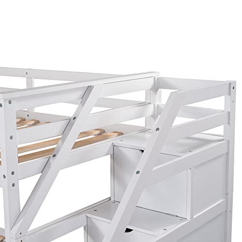Harper & Bright Designs Twin Over Twin Bunk Bed with Trundle, Wood Bunk Bed with Storage Stairs for Kids Teens Adults (Walnut)