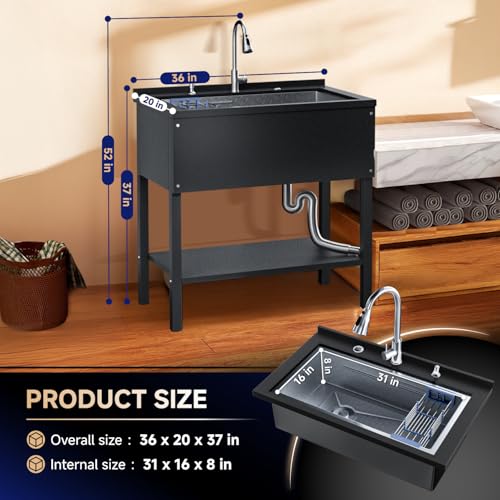 Stainless Steel Utility Sink 36“, Freestanding Laundry Sink with Upgraded Pull Out Faucet, Hose, Drain Kit & Solid Shelf. Utility Sink for Kitchen