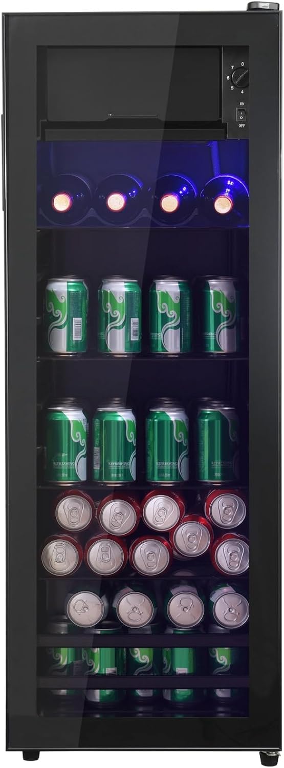 4.5 Cu.Ft Beverage Refrigerator - Mini Fridge with Freezer, Holds 160 Cans, Glass Door, Drink/Wine/Beer Cooler for Office, Bar, Bedroom