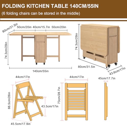 Space Saving Folding Dining Table with 4-6 Chairs, Extendable Drop Leaf Farmhouse Wood Kitchen Dining Room Tables Set for 6