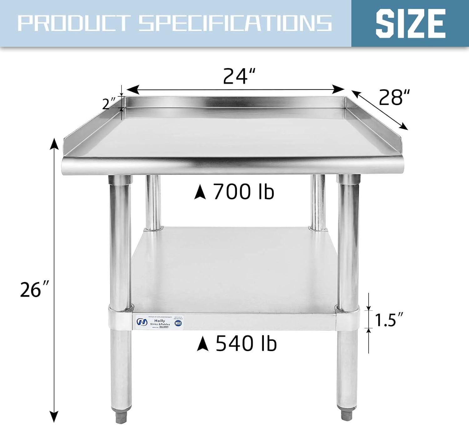 HALLY Stainless Steel Equipment Stand 28x24 Inches with Undershelf, NSF Commercial Prep & Work Table with Rear and Side Risers