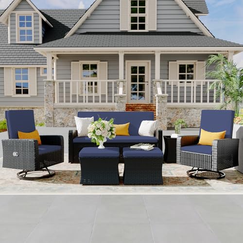 6 Piece Patio Furniture Set, Wicker Patio Conversation Sets with Swivel & Recline Chairs, Outdoor Sectional Sofa Sets with 2 Storage Ottoman