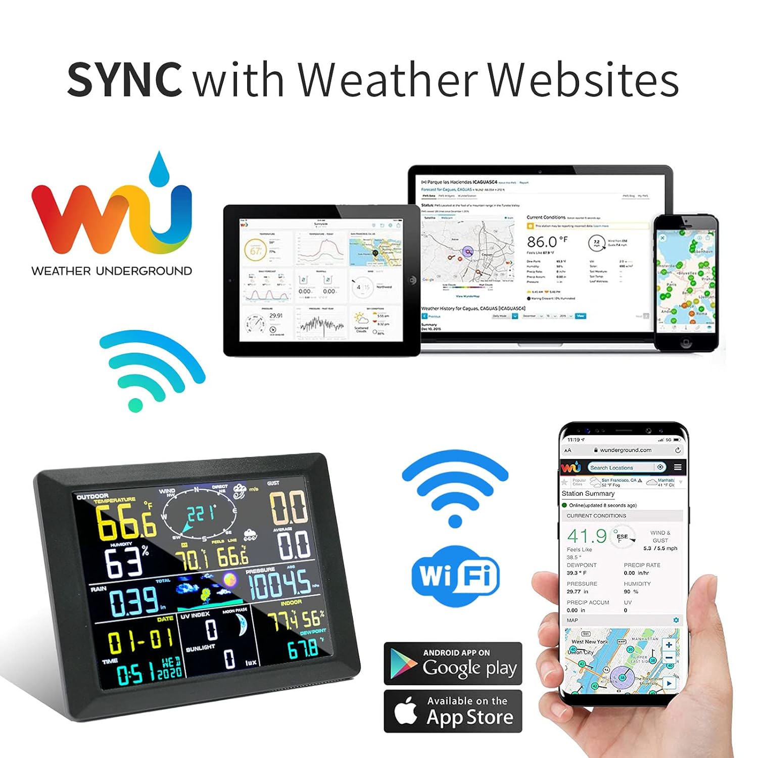 Uzoli Professional Weather Stations Wireless Indoor Outdoor Thermometer Hygrometer with WiFi Large 10 LCD Display Weather Station, Rain Gauge