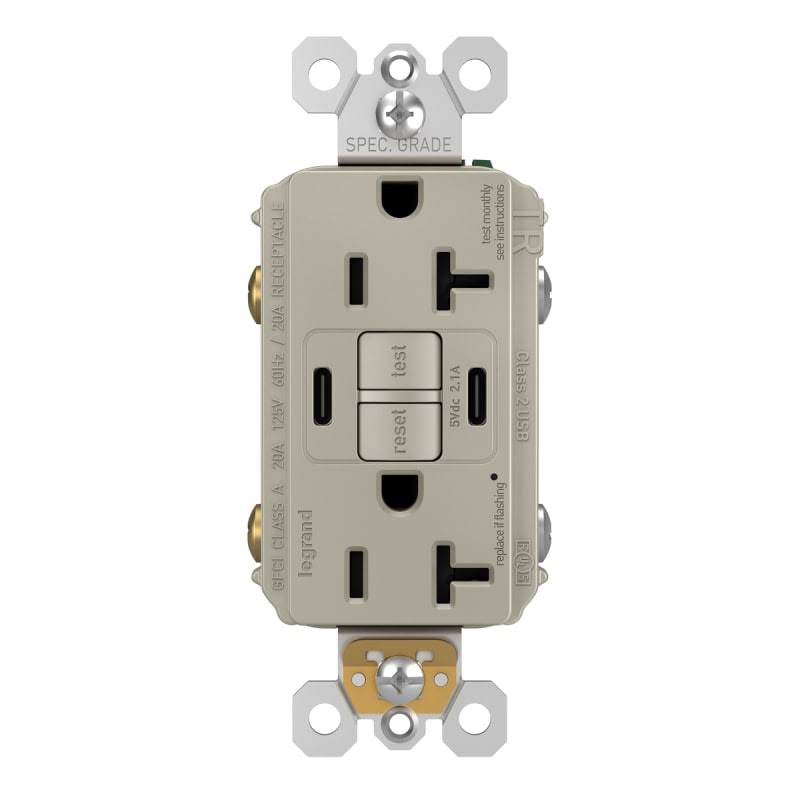 Legrand 2097TRUSBCC Radiant 20 Ampere GFCI Tamper Resistant Electrical Outlet - 2 USB Chargers Type C Nickel Wall Controls Elect