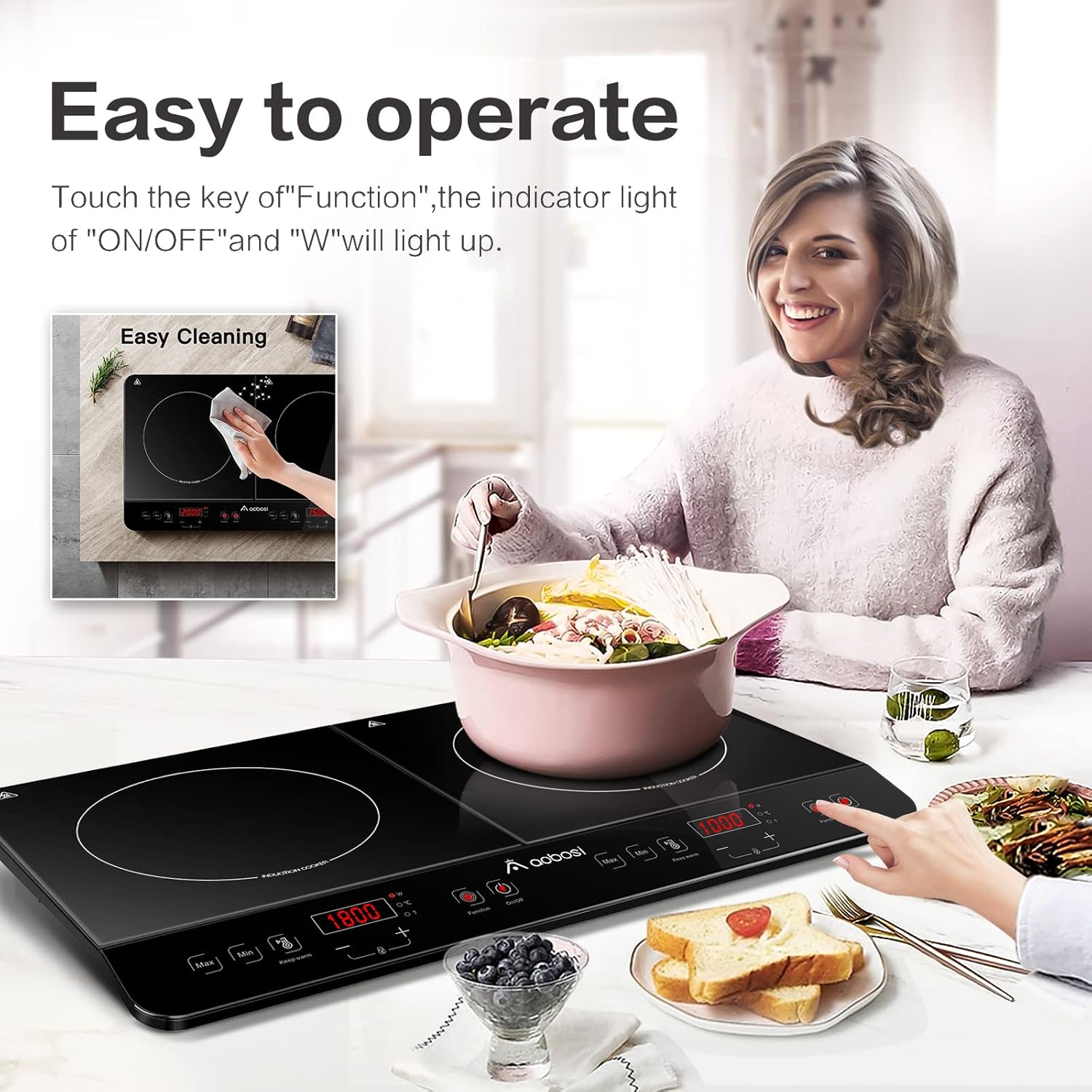 Aobosi Double Induction Cooktop Burner with 240 Mins Timer, 1800w 2 Induction Burner with 10 Temperature 9 Power Settings