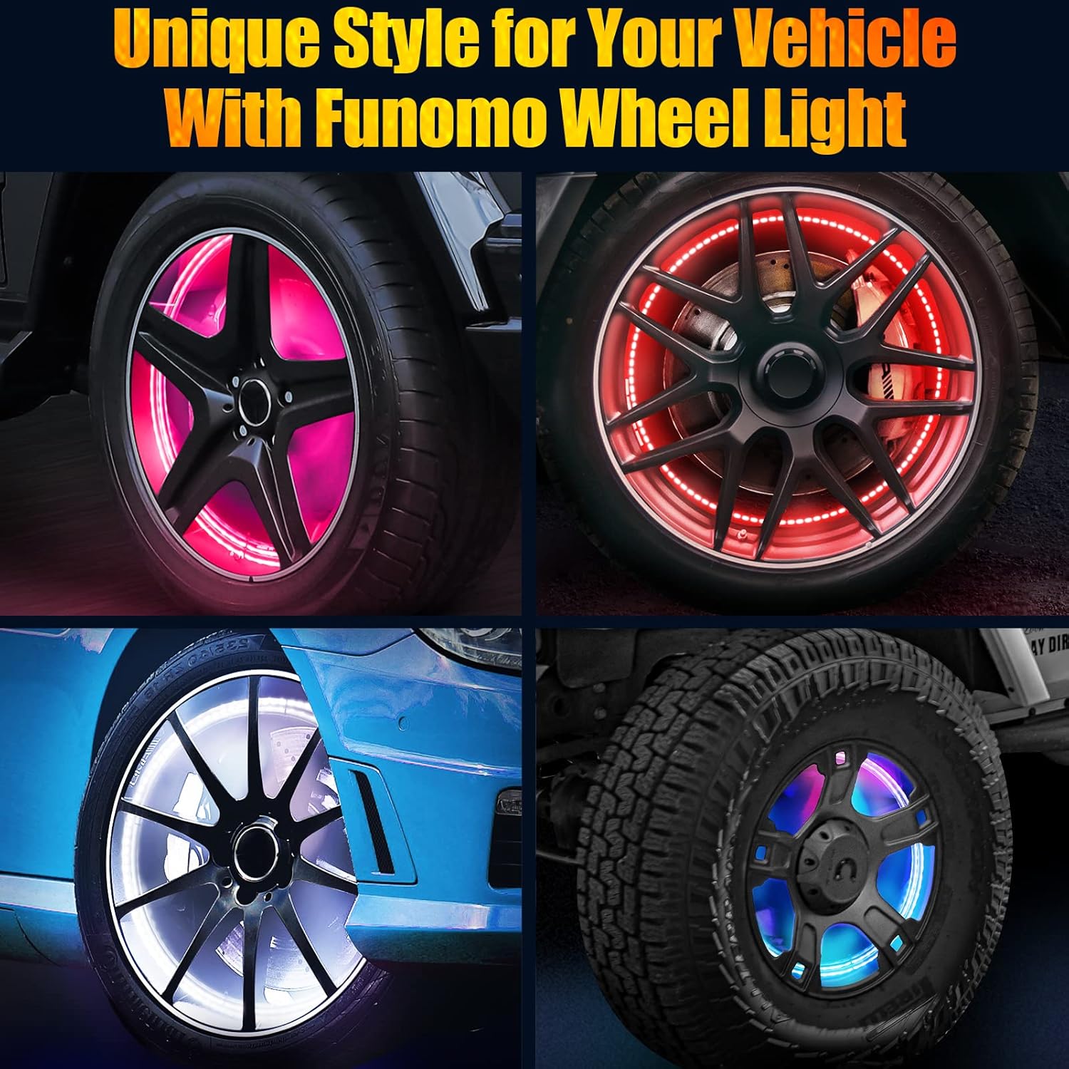 Funomo LED Wheel Lights for Truck / Car / ATV / UTV, Tires Lights with Color Chasing, DIY Color and Dynamics, Adjustable Brightness, IP67 Waterproof