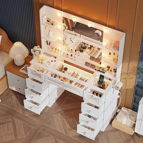 Vanity Desk with Mirror and Lights, Glass Top Vanity with 9 Drawers Including 3 LED Drawers, 4 Shelves & Power Outlet