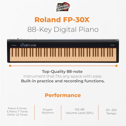Roland FP-30X 88-Key Digital Piano - Black Bundle with Adjustable Stand, Bench, Sustain Pedal, Online Piano Lessons, Instructional DVD