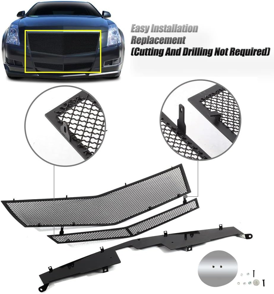 Compatible with 2008-2013 Cadillac CTS Stainless Steel Mesh Grille Grill Insert Combo (Not For CTS-V or model with Adaptive Cruise Control) (chrome