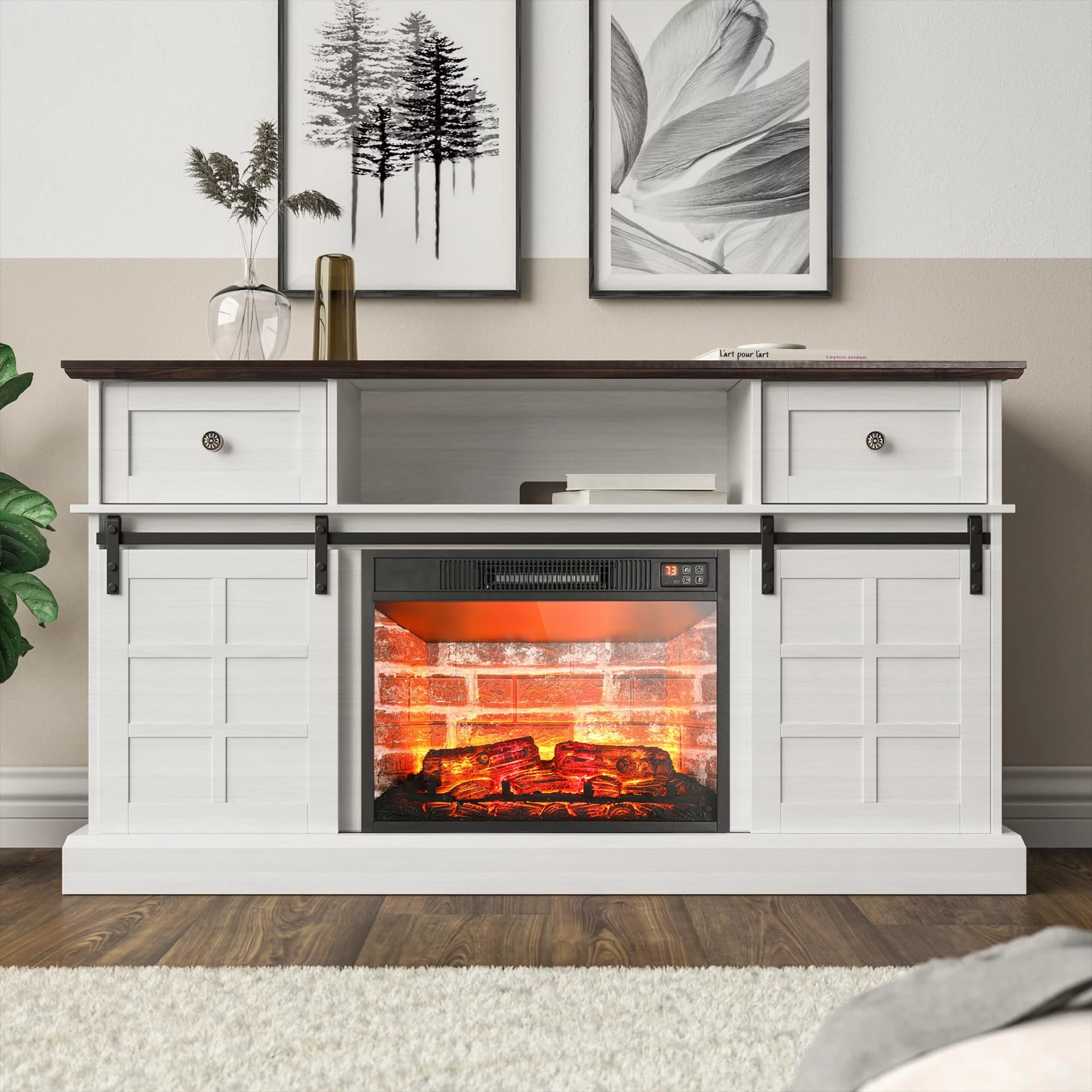 Fireplace TV Stand, White Modern Farmhouse Entertainment Center for 65" TV for Living Room