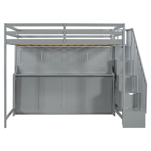 Queen Size Murphy Bed Wall Bed with Desk and Closet,Drawers and Shelves,for Small Spaces Studio Study Office Guest Room Use (Gray#Desk, Queen)