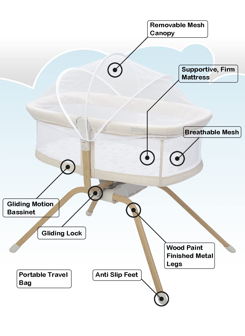Primo Little Cloud Gliding Bassinet: Portable Folding Baby Bed with Removable Canopy, Travel Bag, and Mattress - Ideal Baby Bassinet