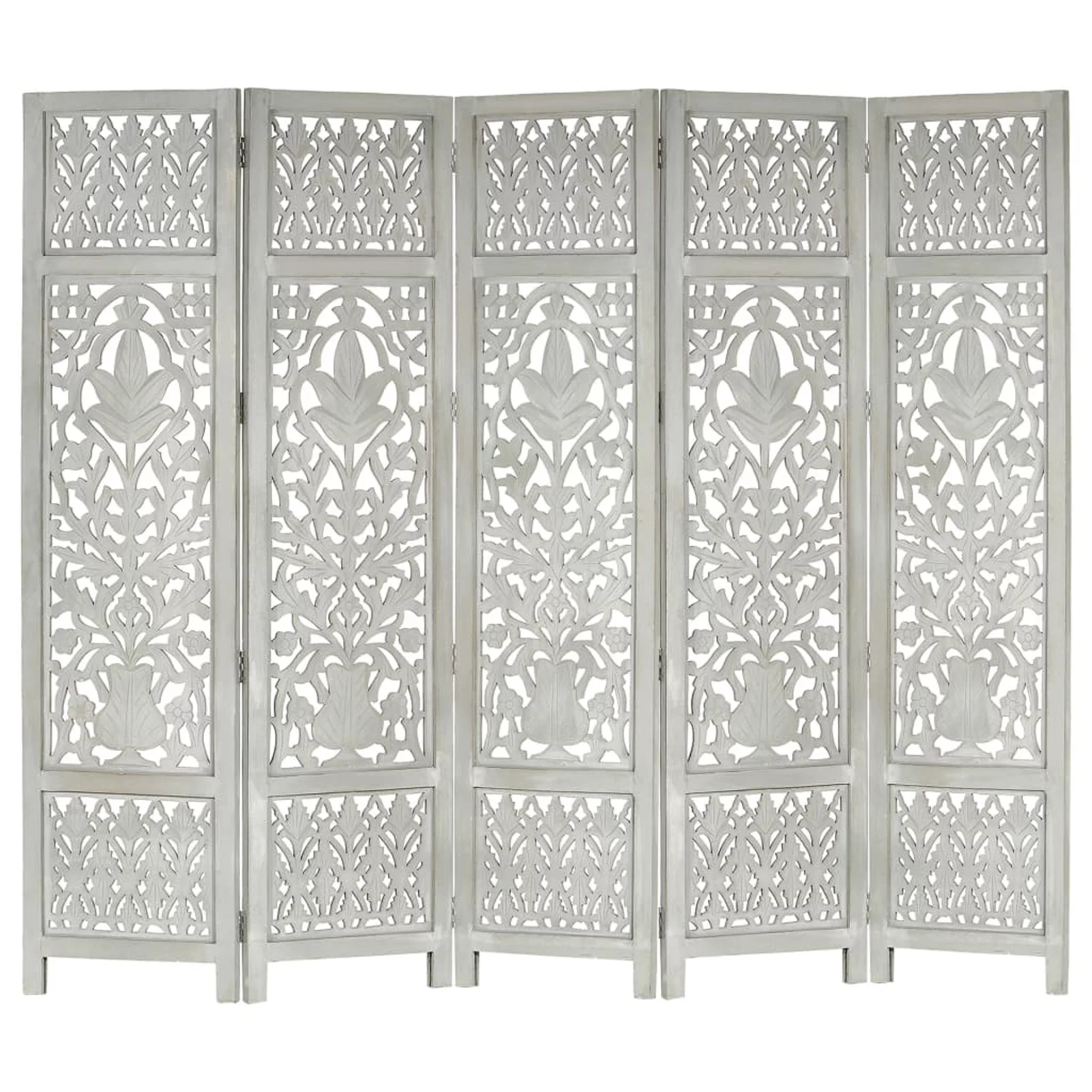 Dcenta Hand Carved 5-Panel Room Divider Wooden Room Partition Panel Mango Wood Folding Screen Gray for Bedroom, Bathroom, Living Room, Kitchen