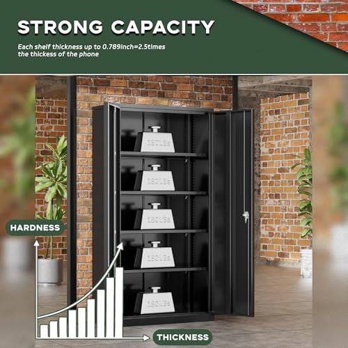 Greenvelly Metal Storage Cabinet, 72" Black Locking Metal Garage Storage Cabinet with Doors and 4 Adjustable Shelves