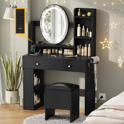 DWVO Vanity Desk with Mirror and Lights, Makeup Vanity Table Set with Power Outlets and Chair, 3 Lighting Colors