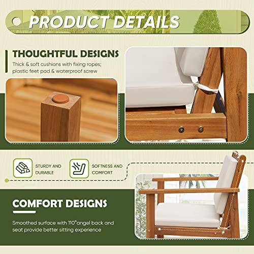 Flamaker Patio Chairs 3 Piece Acacia Wood Patio Furniture with Coffee Table & Cushions Outdoor Conversation Set Balcony Chairs for Porch, Deck