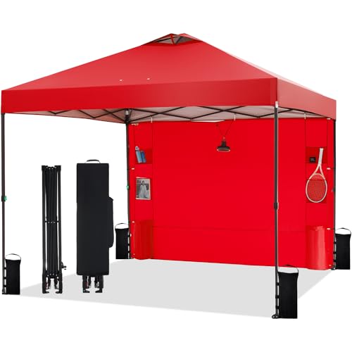 10'x10' Pop Up Canopy Tent with 1 Sidewall and 6 Pockets, One Push Setup, Instant Shade Tent with Vented Roof for Beach Patio Outdoor, Case, 8 Stakes