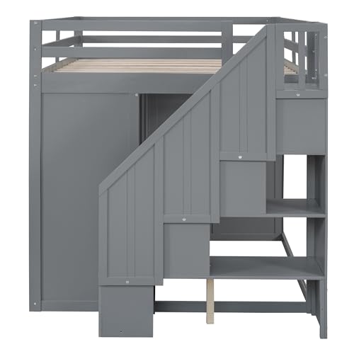 Harper & Bright Designs Twin Size Loft Bed with L-Shaped Desk and Stairs, Solid Wood Loft Bed Frame with Storage Drawers and Bookcase