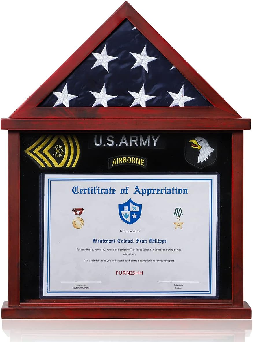 Flag Display Case for Folded Americian Flag with Certificate & Document Holder Display Frame Military Shadow Box for Army Navy Air Force Veterans