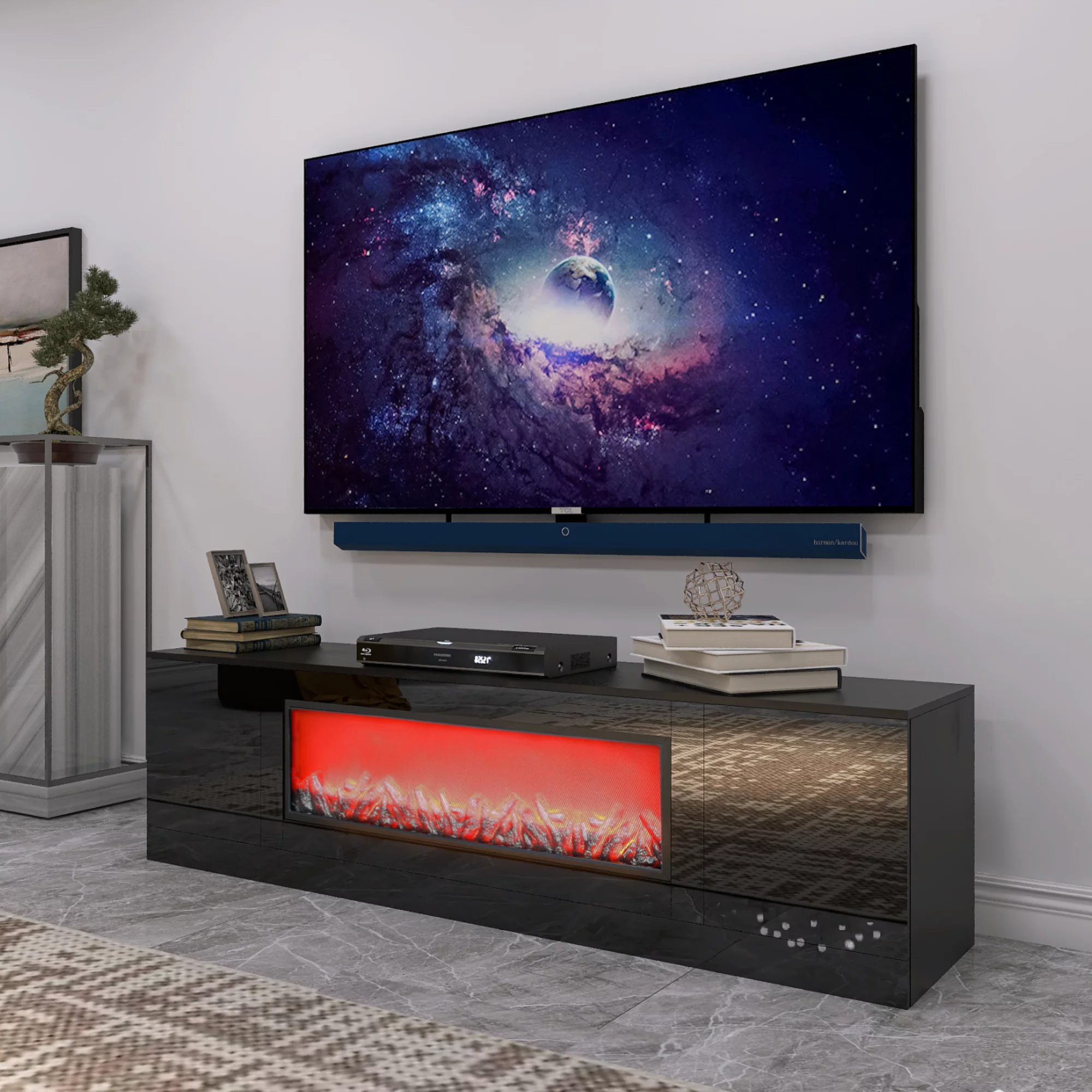 Modern Black Electric Fireplace TV Stand - Wood Texture, High Glossy Surface - No Heating, Removable Partition (1 Box)