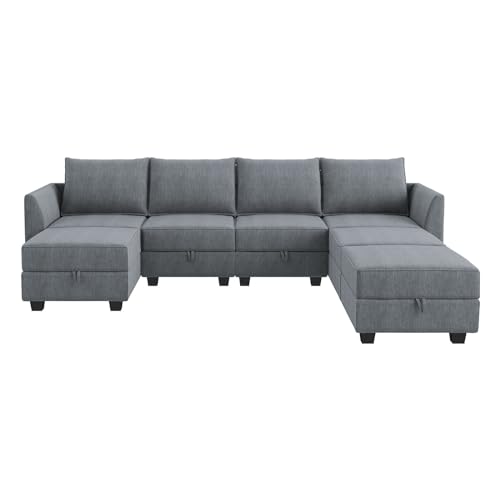 HONBAY Modular Sectional Sofa U Shaped Modular Couch Reversible Sofa Sectional Couch with Storage Seat, Bluish Grey