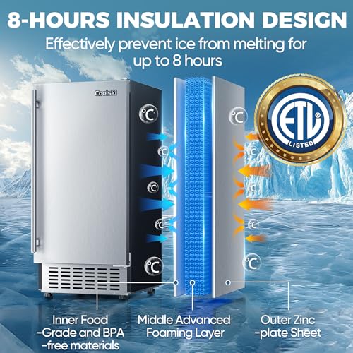 Coolski 15" W Commercial Under Counter Ice Maker Machine, 80 LBS/Day Stainless Steel Built-in Freestanding Ice Maker with Water Filter