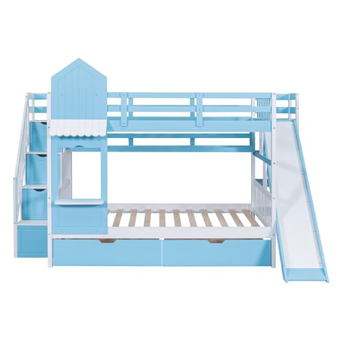 Kids Bunk Bed with Stairs and Slide, Wood Twin Over Twin Bunk Bed with Storage Drawers and Shelves, Castle Style Bunk Beds for Kids Teens Girls Boys