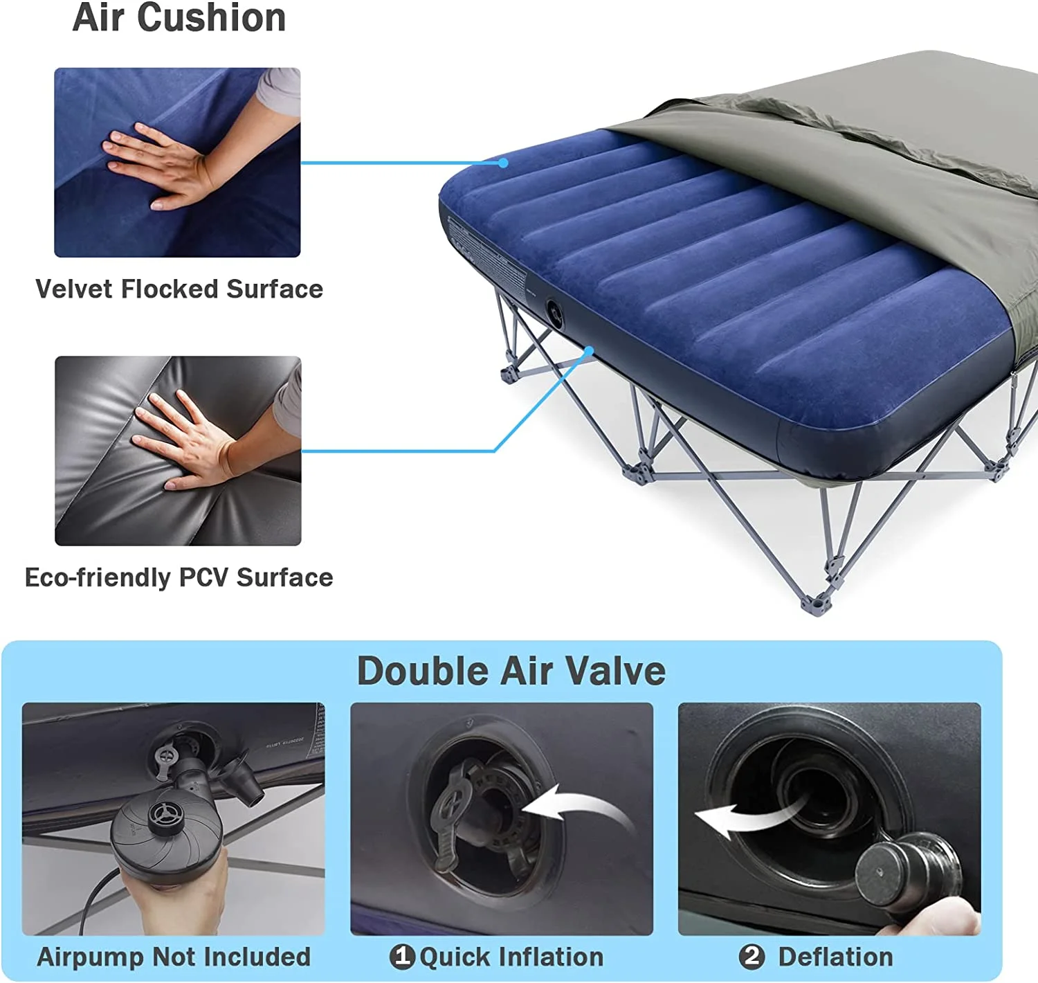 QCAI 2 Person Camping Cot,Folding Camping Bed with Inflatable Air Mattress and Carry Bag,for Outdoor Travel Camp Beach Vacation