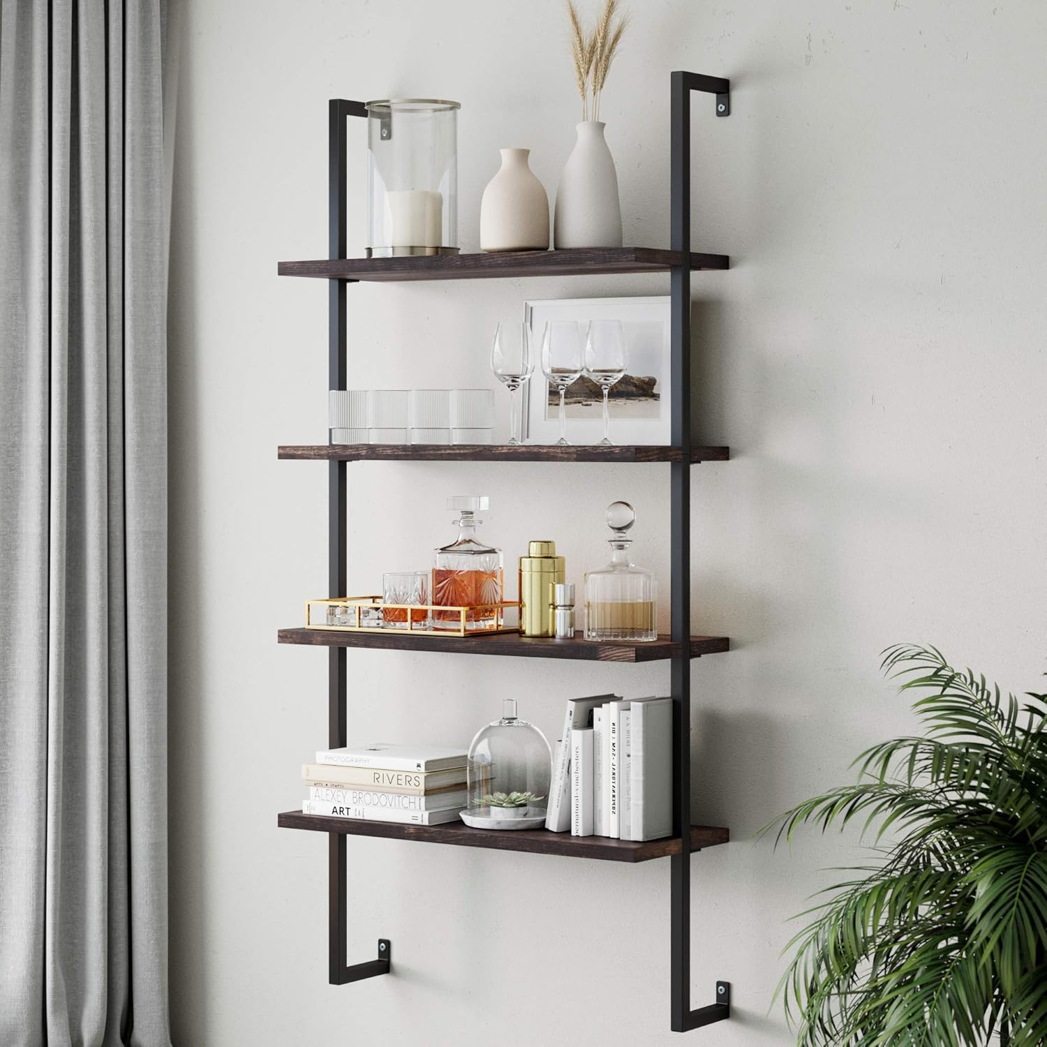 Nathan James Theo 5-Shelf Modern Bookcase, Open Wall Mount Ladder Bookshelf with Industrial Metal Frame, White/Gold