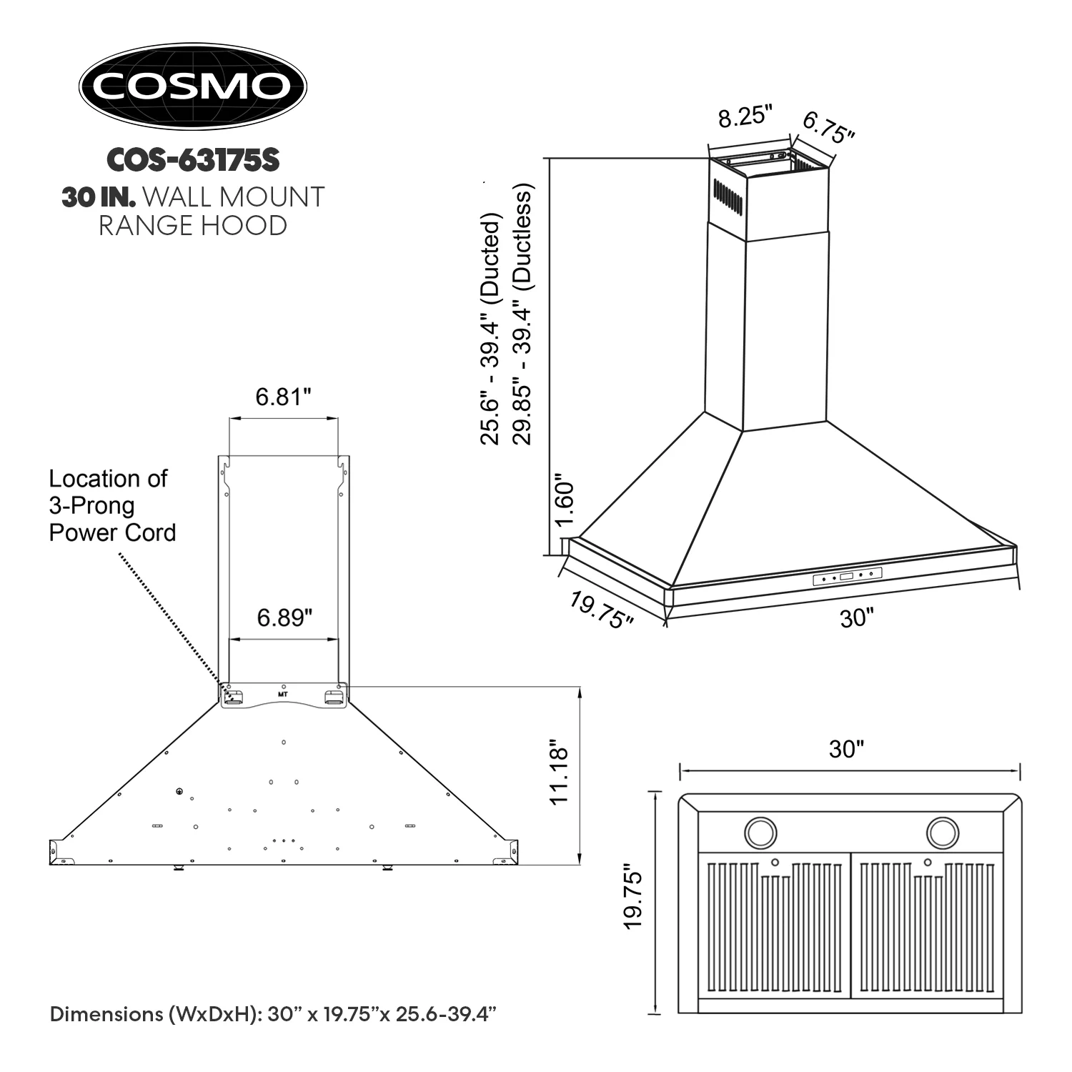 Cosmo 30 in. Ductless Wall Mount Range Hood in Stainless Steel with LED Lighting and Carbon Filter Kit for Recirculating