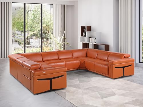 Riccardo 8-Piece Italian Leather U Shaped Sectional Couch with 4-Power Reclining Sofa Seats, Adjustable Headrests, and USB Chargers