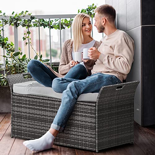 YITAHOME 90 Gallon Outdoor Wicker Storage Bench w/Cushion, Large PE Rattan Deck Storage Box w/Handles & Hydraulics for Patio Furniture, Cushions