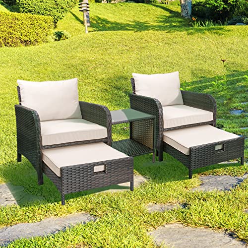 LEVELEVE Balcony Furniture 5 Piece Patio Conversation Set, PE Wicker Rattan Outdoor Lounge Chairs with Soft Cushions 2 Ottoman&Glass Table for Porch