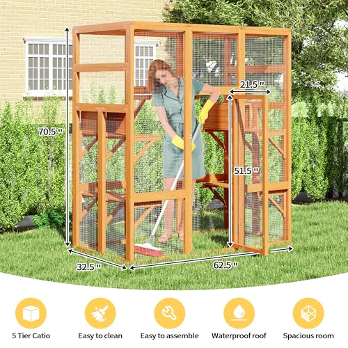 71Inches Large Wood Catio Outdoor Cat Enclosure with Perches and Condos, Cat House Indoor with Waterproof Roof
