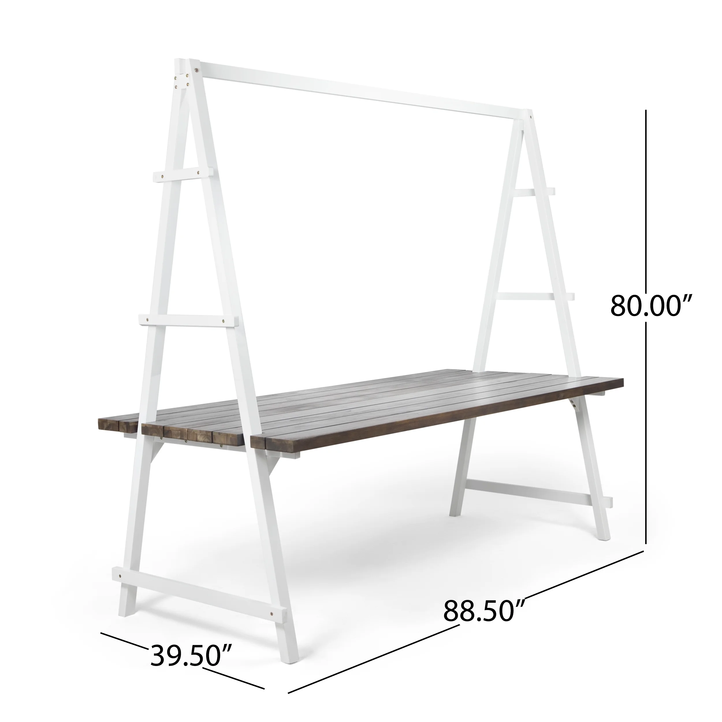 Raven Outdoor Acacia Wood 88.5" Dining Table with Iron Plant Hanger, Dark Brown Finish and White