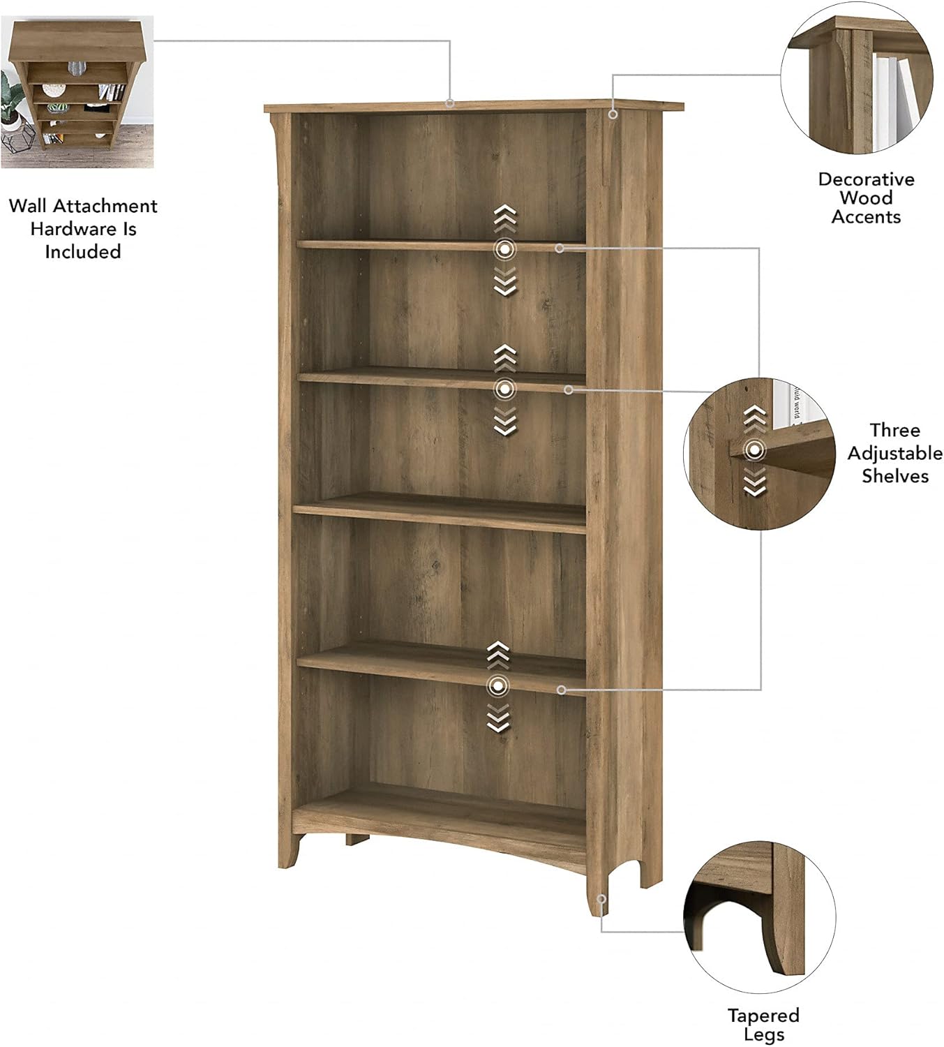 Bush Furniture Salinas Tall 5 Shelf Bookcase, Reclaimed Pine
