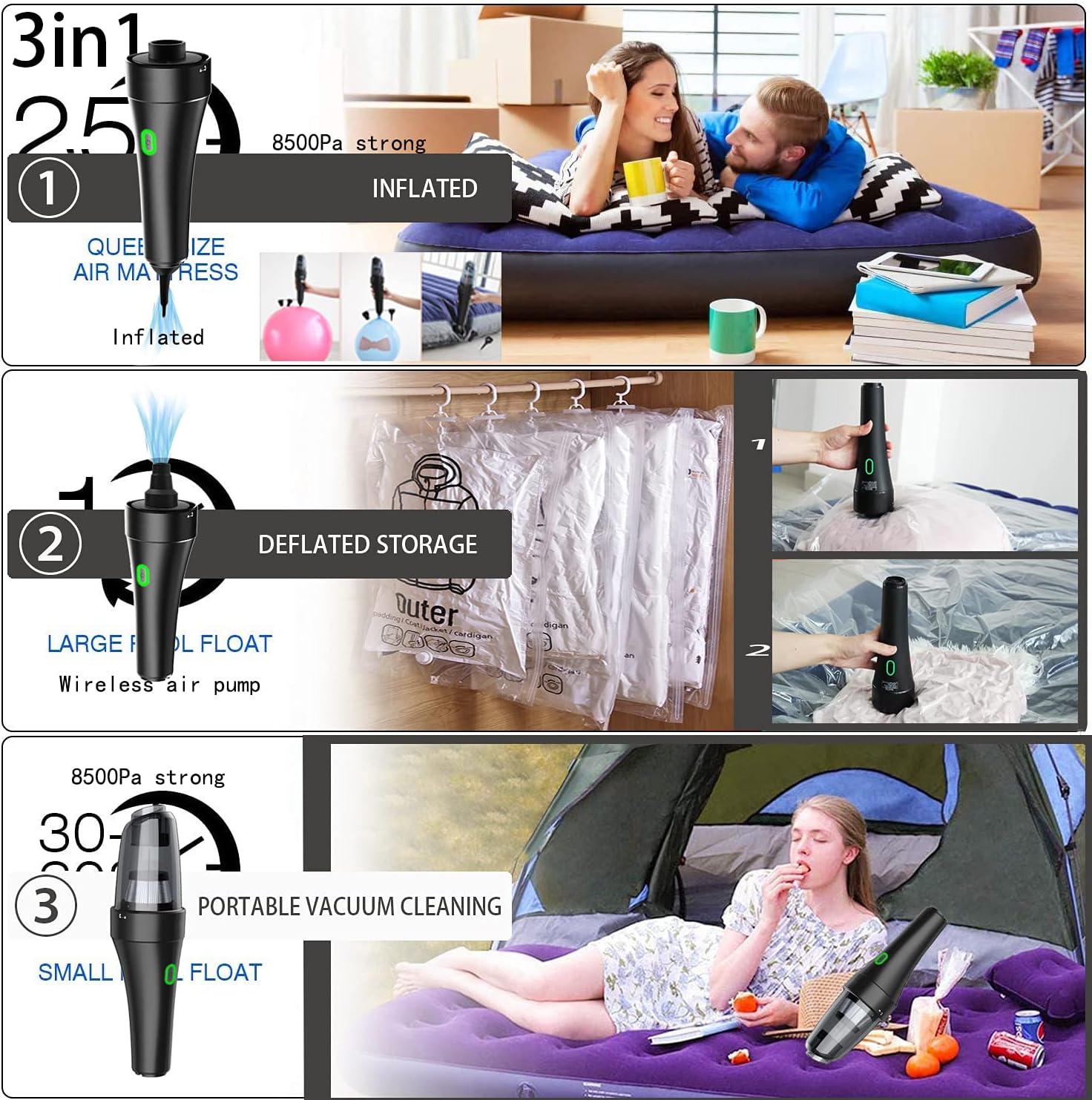 Handheld Vacuum, Cordless Handheld Vacuum, Rechargeable, 8000PA Strong Suction for Home and Car Cleaning，Black