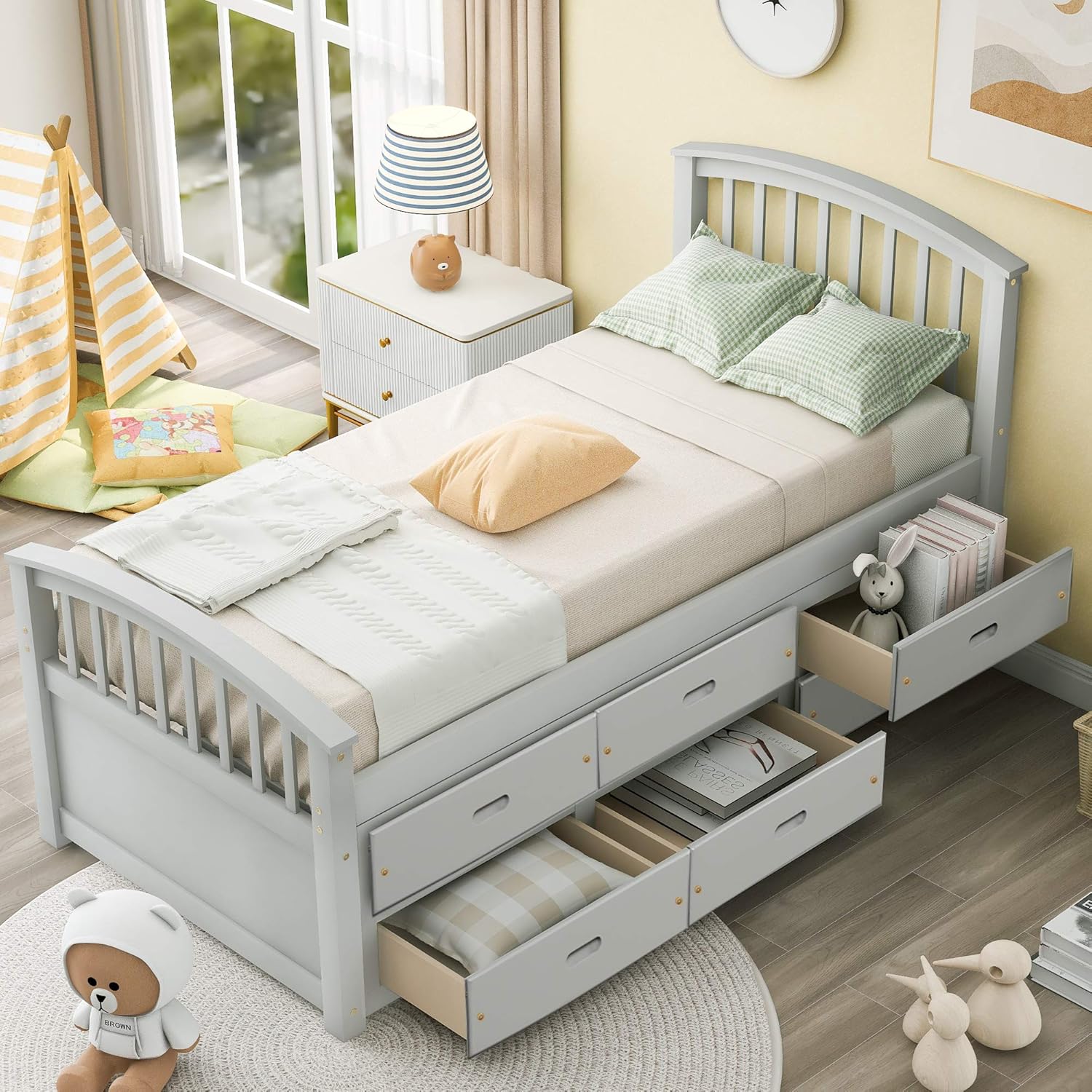 Twin Size Platform Storage Bed Solid Wood Bed with 6 Drawers, Gray