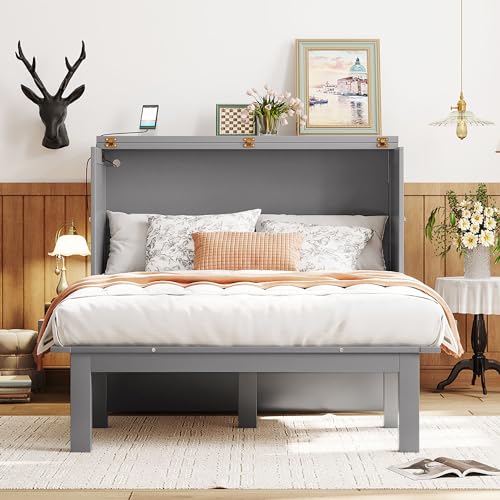 Full Size Murphy Bed with Drawers, Cabinets and USB Ports,Wood Murphy Bed Cabinet Bed Removable Shelves