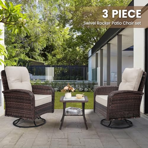 3 Piece Rattan Wicker Bistro Set, Outdoor Conversation Furniture Set with Glass Top Table, Space Saving for Balcony, Backyard, Natural