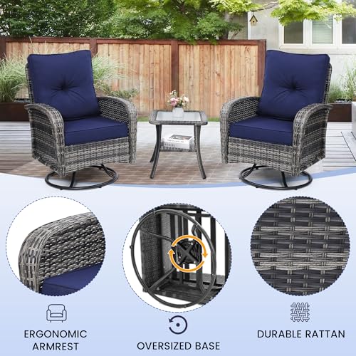 3 Piece Rattan Wicker Bistro Set, Outdoor Conversation Furniture Set with Glass Top Table, Space Saving for Balcony, Backyard, Natural