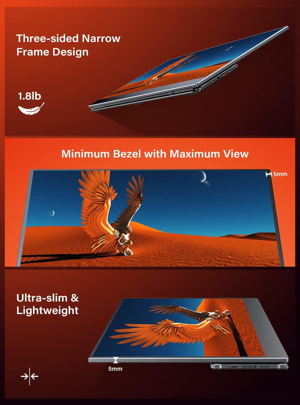 UPERFECT Portable Monitor Matte, Ultra Slim 15.6 FHD 1080P USB-C Portable Display Freestanding