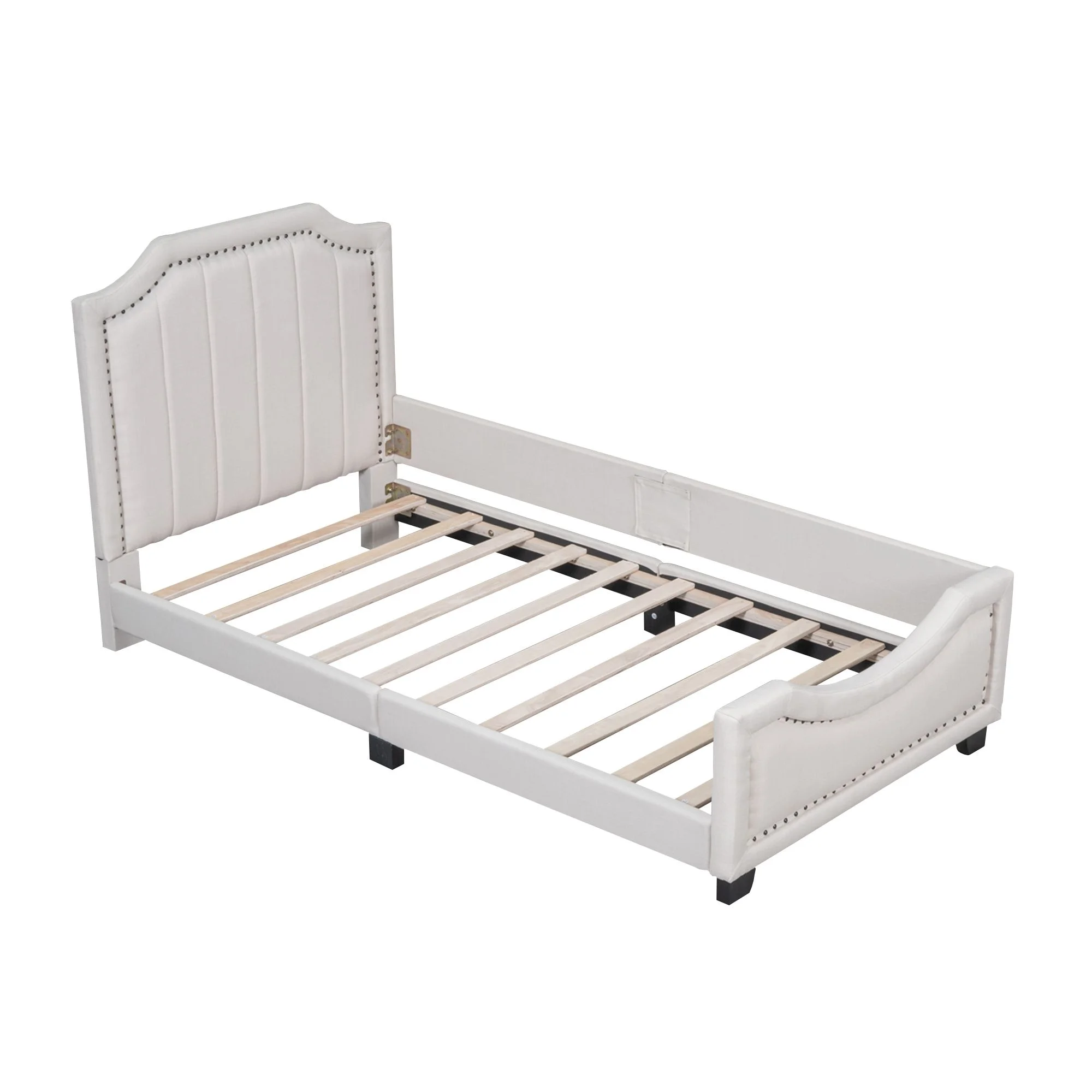 Twin Storage Upholstered Platform Bed Mattress Foundation with Nailhead Trim Decoration and Guardrail