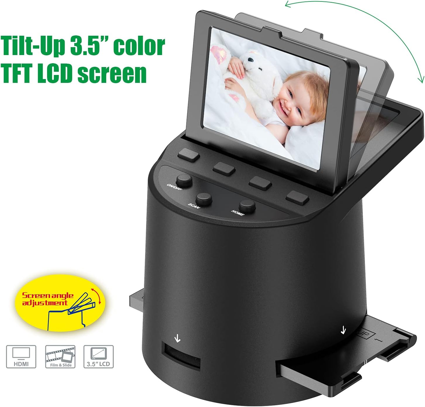 Wireless Digital Film Scanner with 22MP, Converts 35mm, 126, 110, Super 8 Films, Slides, Negatives to JPEG, Tilt-Up 3.5" Large LCD