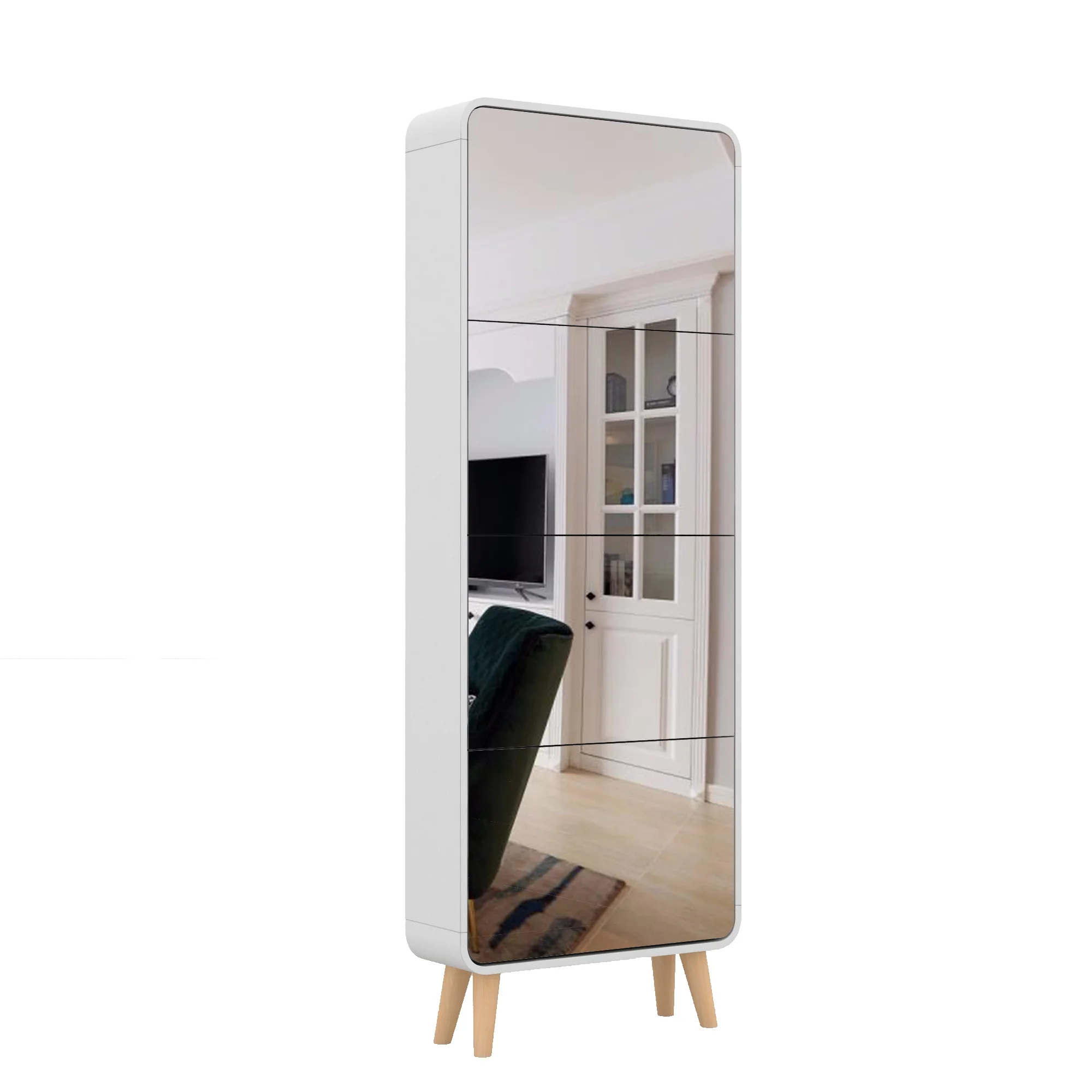 Holaki Shoe Cabinet, 4 Flip Drawers Free Standing Shoe Rack with Mirror, White Wood Slim Shoe Storage Cabinet for Entryway, Hallway, and Corridor