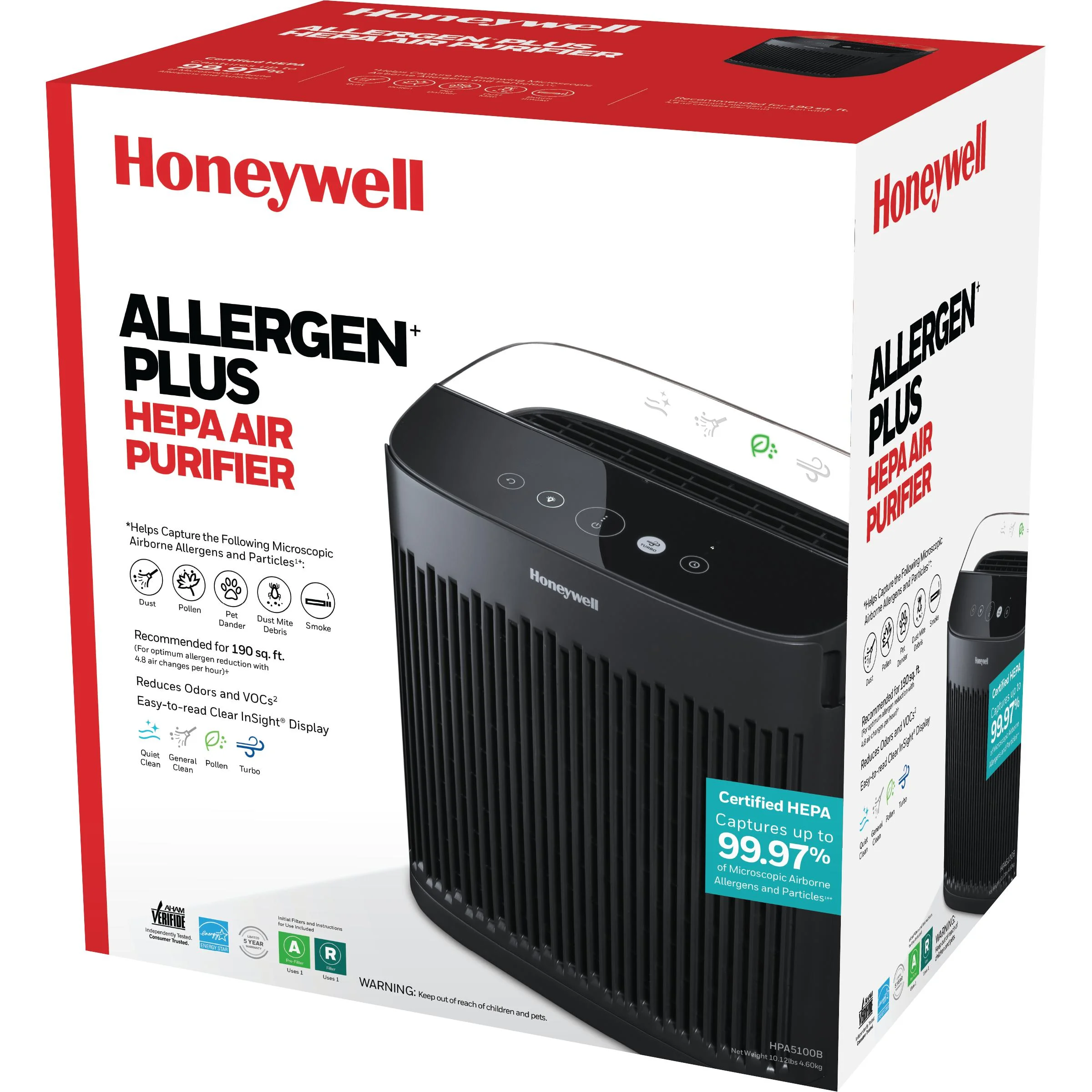 Honeywell Air Purifier, HP5100B, 190 sq ft, HEPA Filter, Allergen, Smoke, Pollen, Dust Reducer
