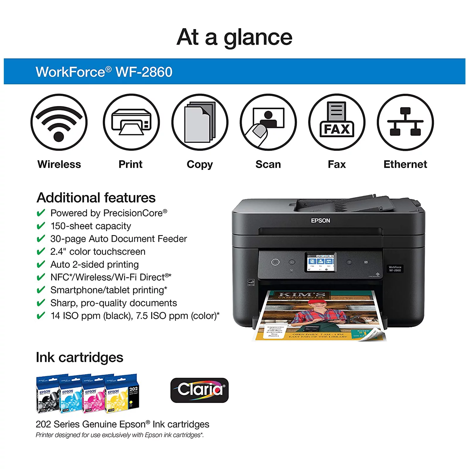 Epson Workforce WF-2860 All-in-One Wireless Color Printer with Scanner, Copier, Fax, Ethernet, Wi-Fi Direct