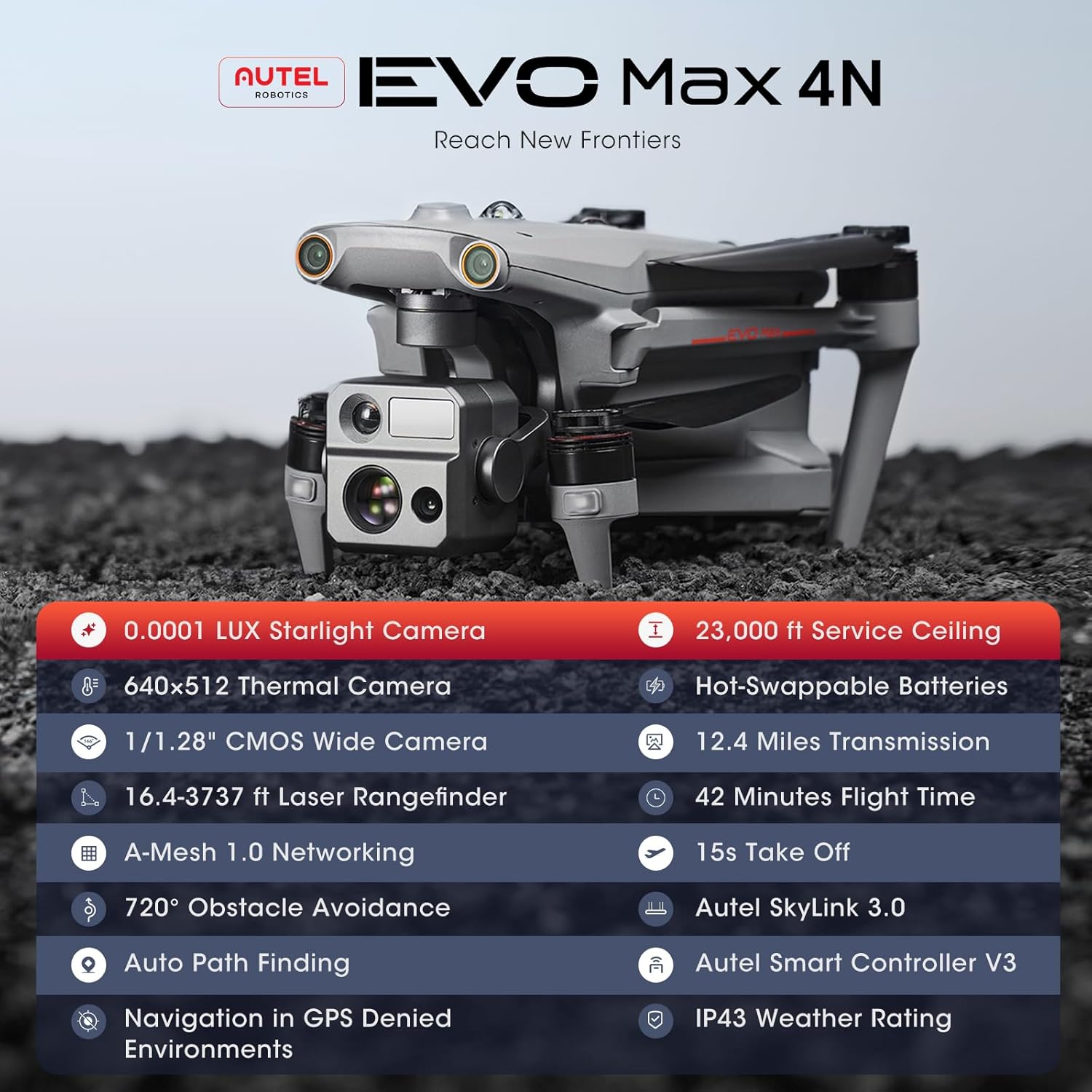 Autel Robotics EVO MAX 4N Drone, Starlight Night-Vision/Wide/Thermal/L~aser 4 Cameras in One UAV, A-Mesh 1.0, 720° Obstacle Avoidance
