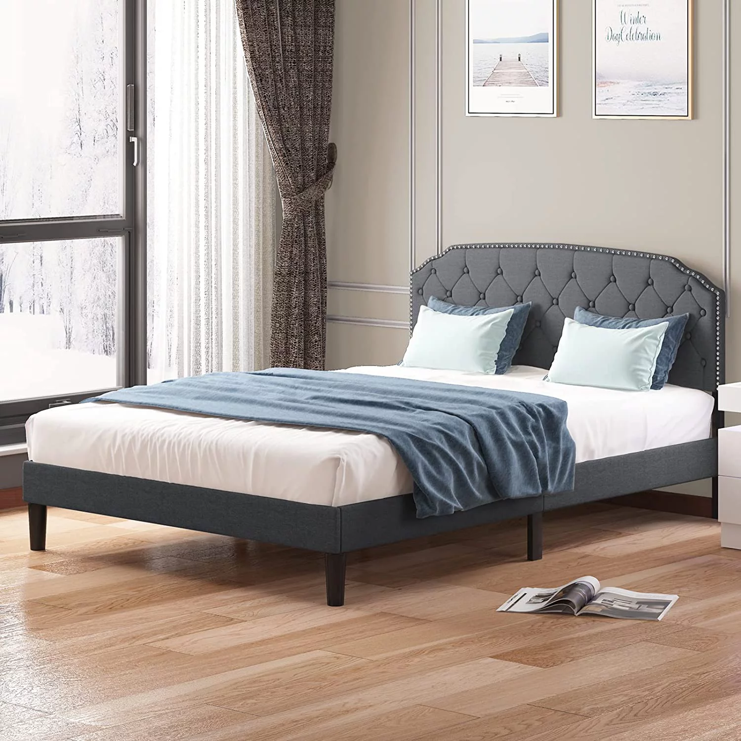 Mjkone Queen Size Platform Bed Frame with Diamond Button Tufted Upholstered Headboard,Stylish Modern Soft Bed Frame with Sturdy Wood Slat Support