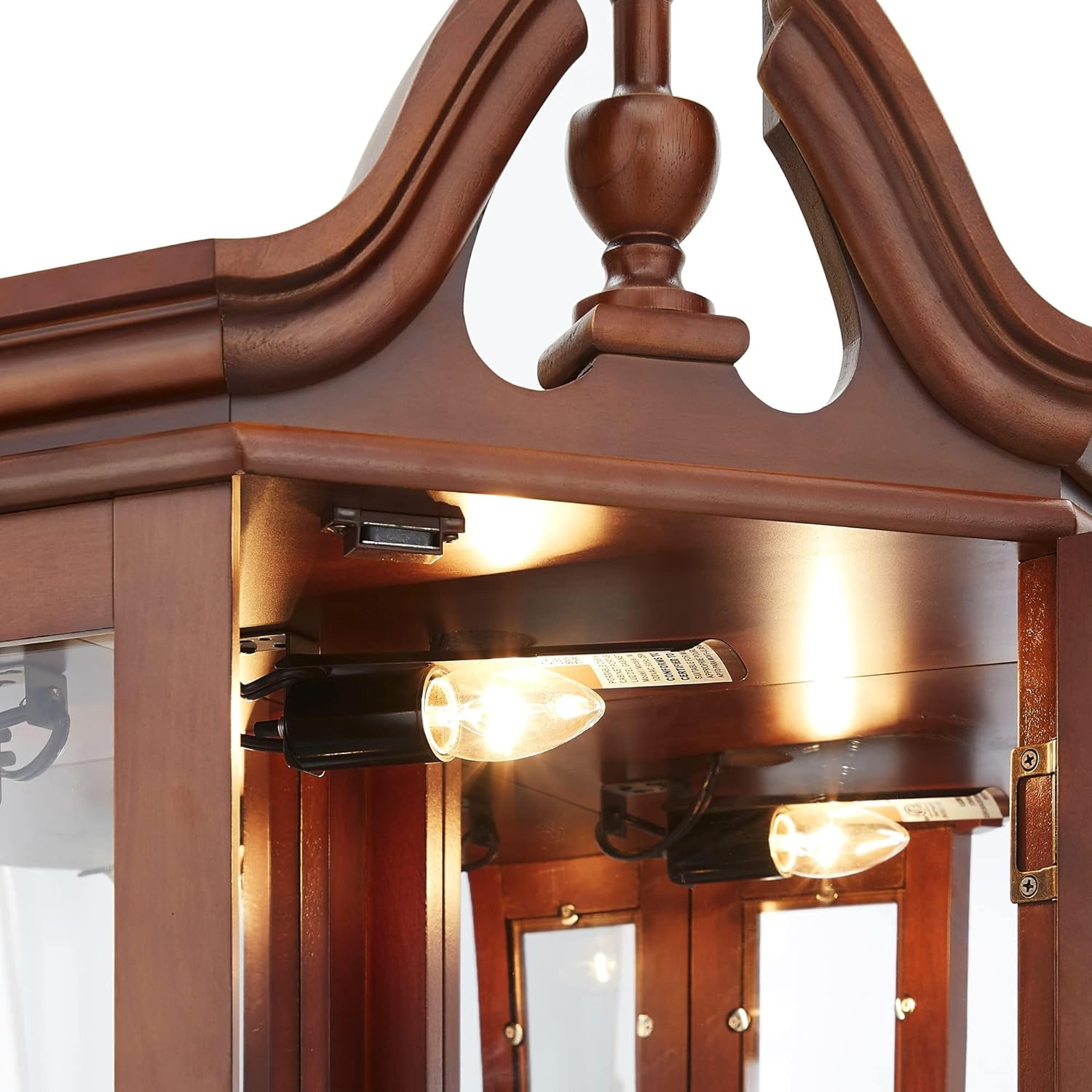 Lighted Curio Cabinet with Curved Top Finial, Wooden Corner Display Cabinet with Adjustable Tempered Glass Shelves